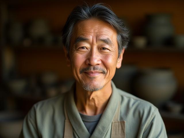 鈴虫窯の陶芸家、田中健一氏の暖かくプロフェッショナルなポートレート。